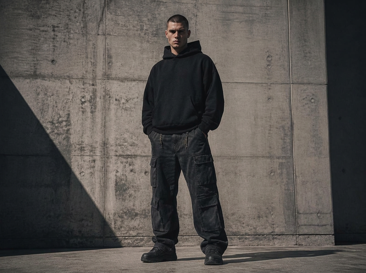 Man wearing an oversized black Dodelite hoodie and baggy cargo pants against a raw concrete wall
